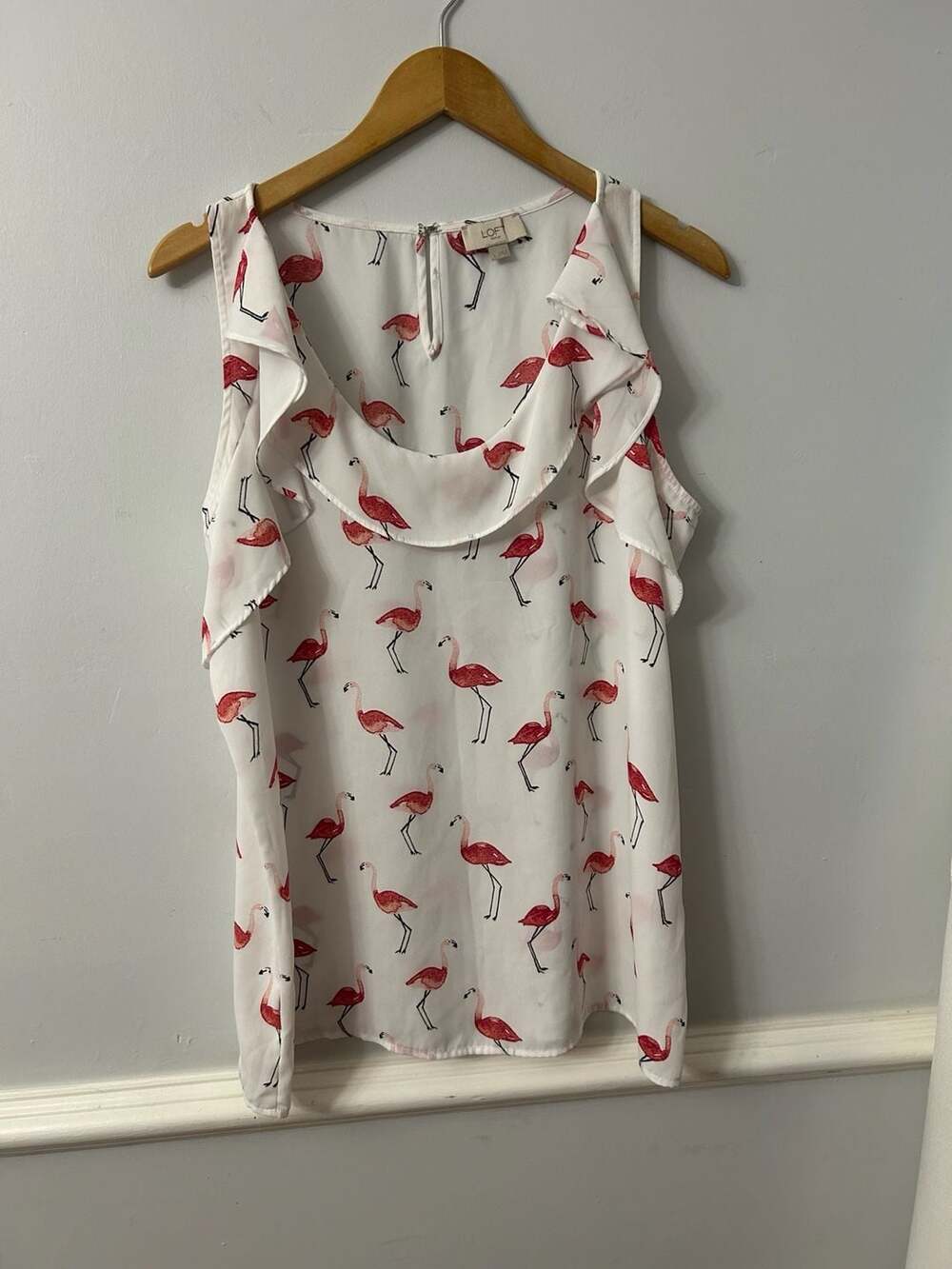 LOFT Outlet Sleeveless Flamingo Print Ruffle Neck Tank Top
